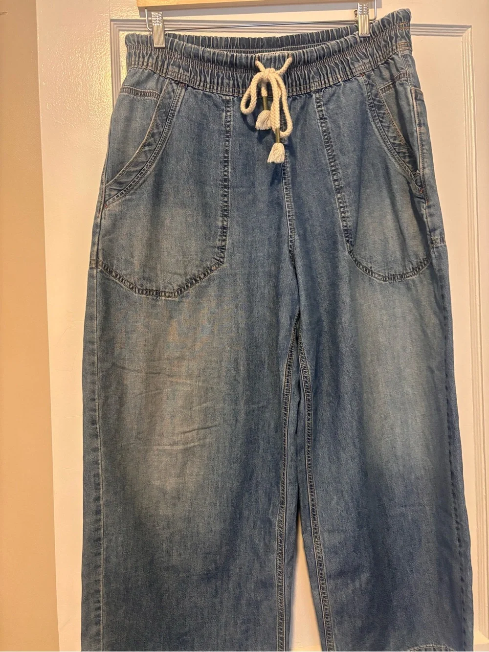 Free People Medium & Dark Blue Denim Wide-Leg Drawstring Jeans